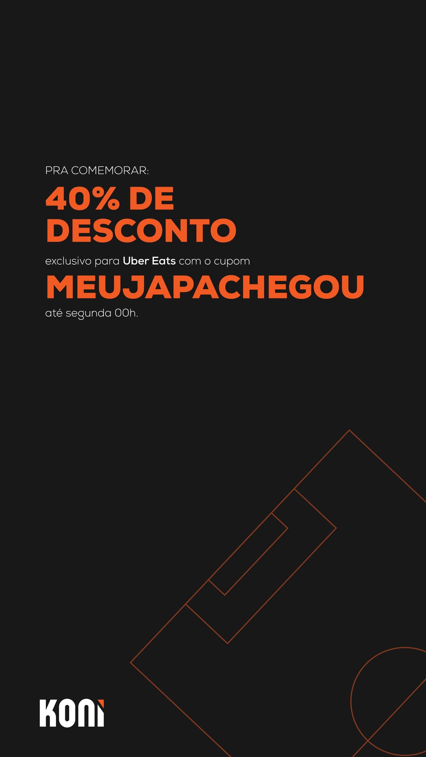 Story do Koni: pra comemorar, 40% de desconto exclusivo para Uber Eats com o cupom MEUJAPACHEGOU, até segunda 00h