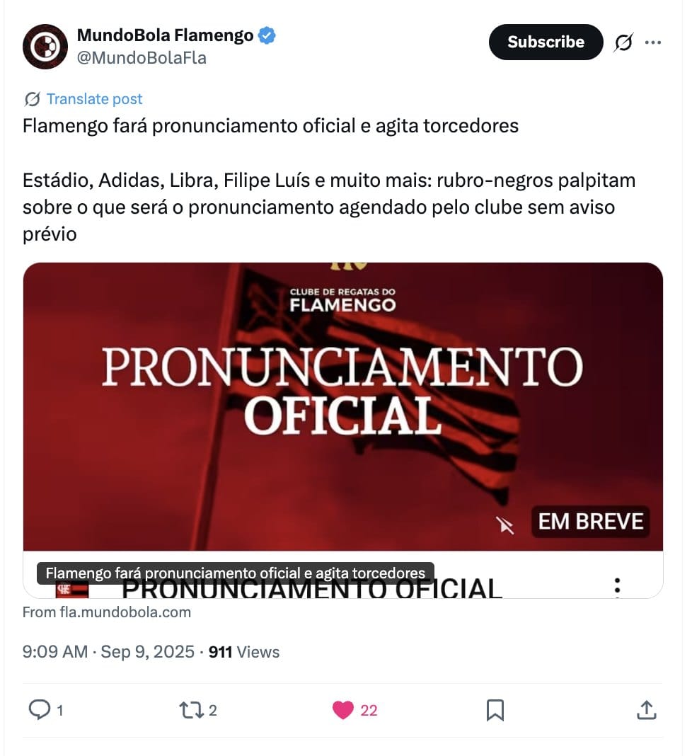 Post do MundoBola Flamengo: Flamengo fará pronunciamento oficial e agita torcedores