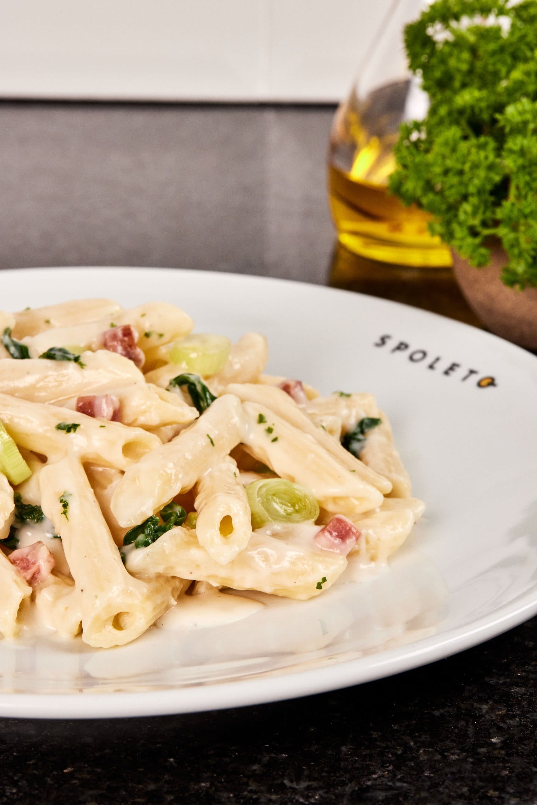 Penne com molho branco em prato do Spoleto