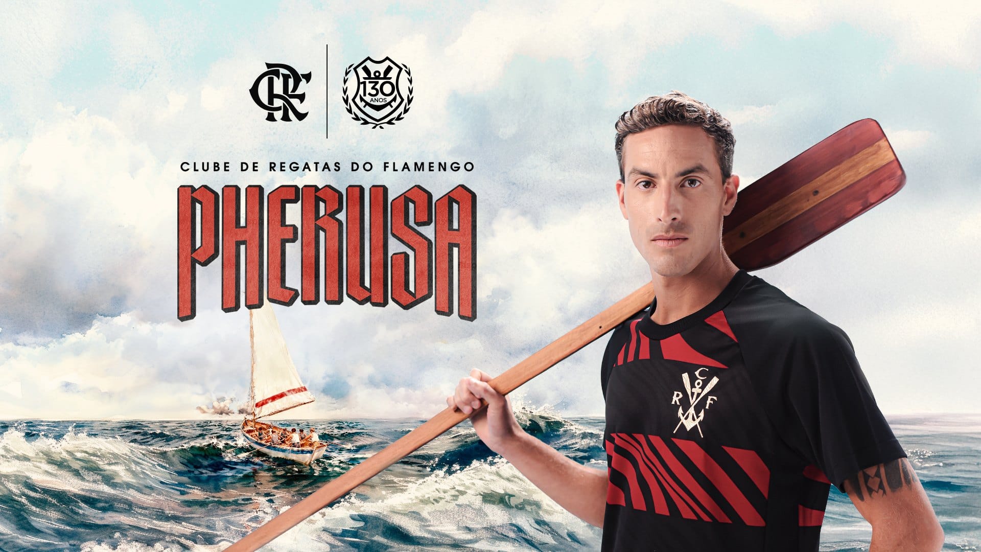 Peça de trade 1920 por 1080: Pherusa, com o remador e o mar ao fundo