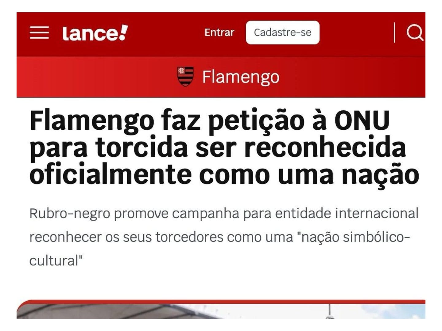 Matéria do Lance: Flamengo faz petição à ONU para torcida ser reconhecida oficialmente como uma nação