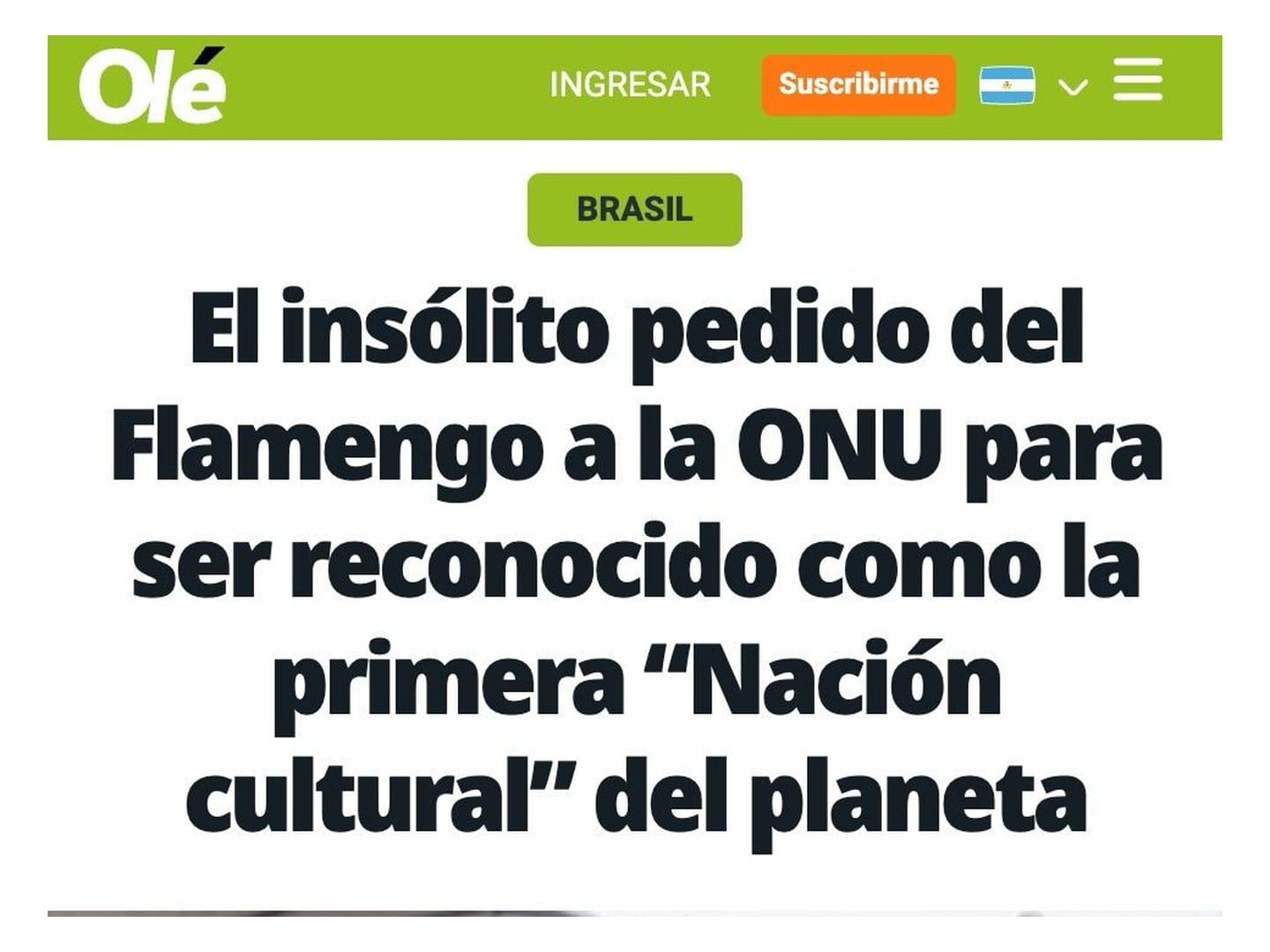 Matéria do Olé: El insólito pedido del Flamengo a la ONU para ser reconocido como la primera Nación cultural del planeta