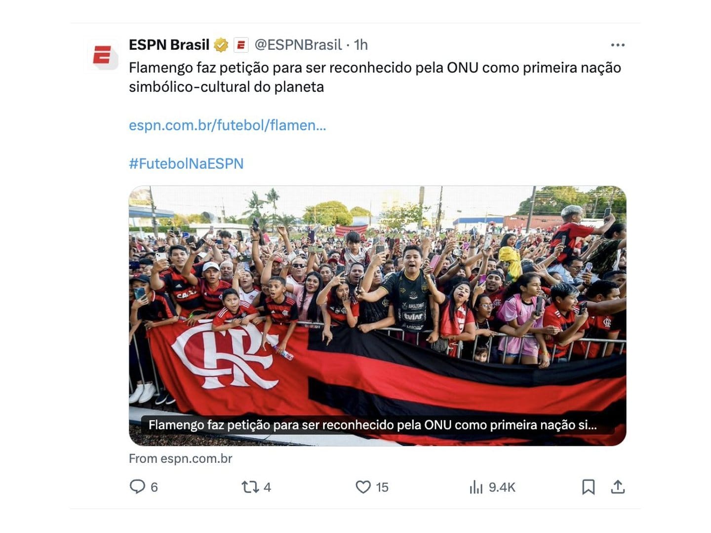 Post da ESPN Brasil sobre a petição do Flamengo para ser reconhecido pela ONU