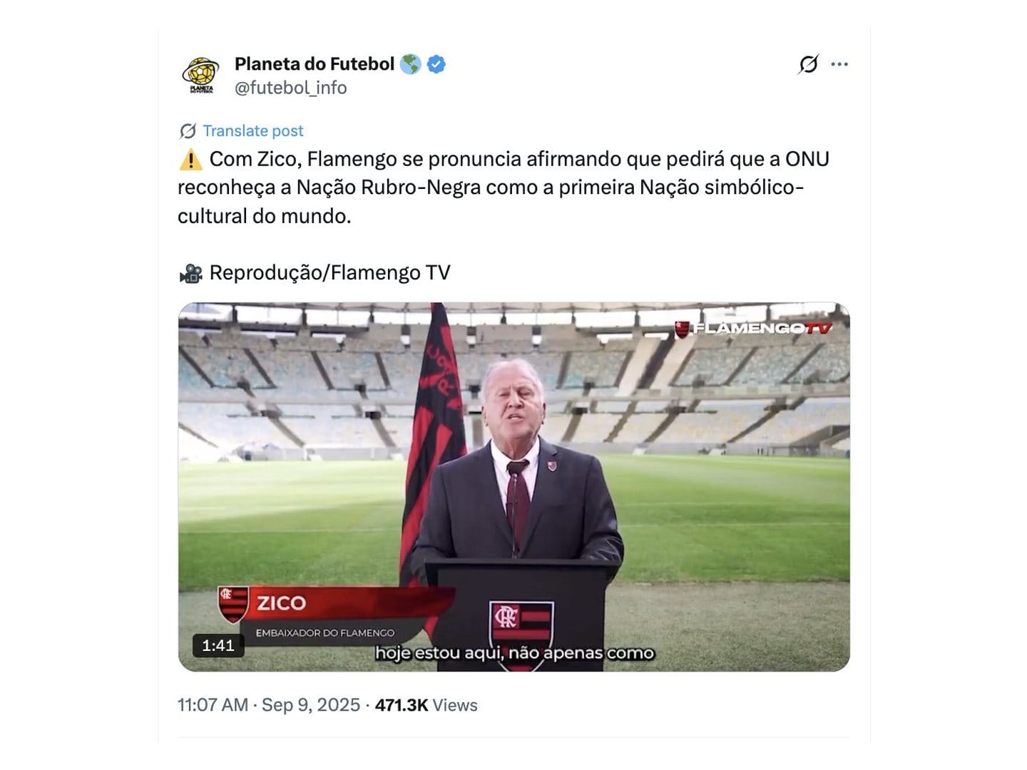 Post do Planeta do Futebol sobre o pronunciamento de Zico, com 471,3 mil visualizações